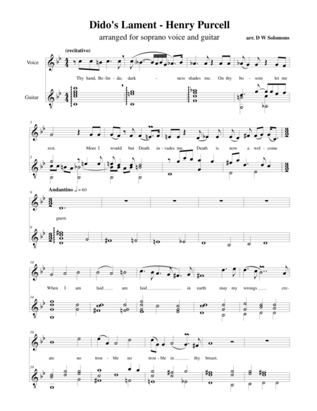 Didos Lament When I Am Laid In Earth Arranged For Soprano And Guitar Sheet Music