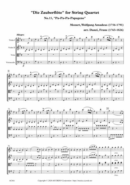 Die Zauberflte For String Quartet No 15 Pa Pa Pa Papageno Sheet Music