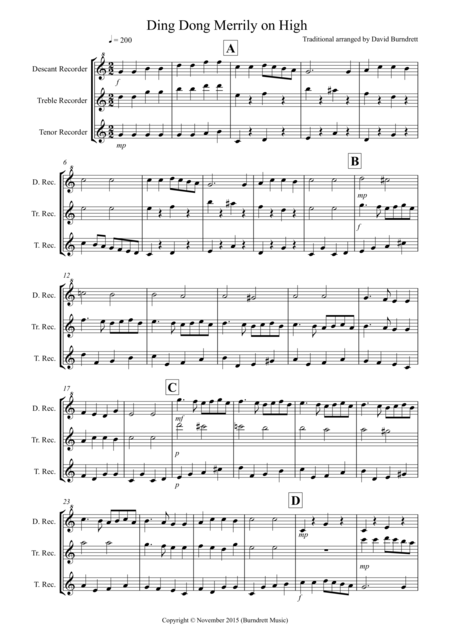 Free Sheet Music Ding Dong Merrily On High For Recorder Trio