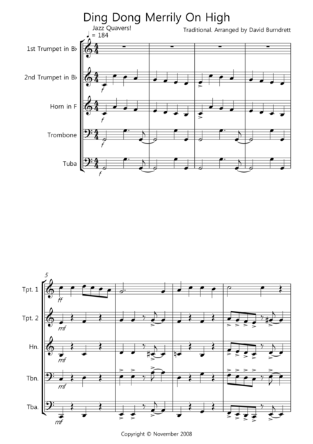 Ding Dong Merrily On High Jazzy Style For Brass Quintet Sheet Music