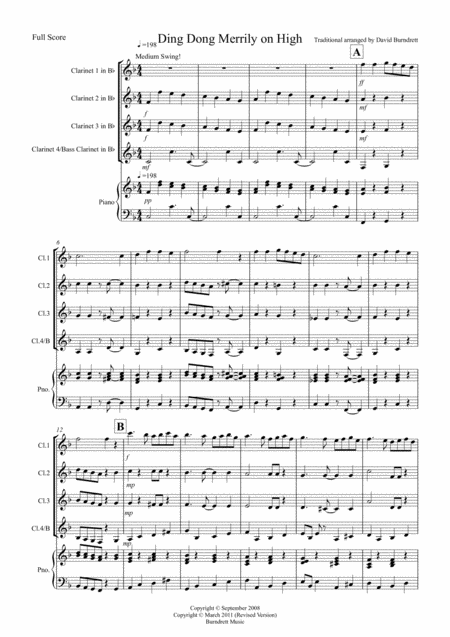 Ding Dong Merrily On High Jazzy Style For Clarinet Quartet Sheet Music