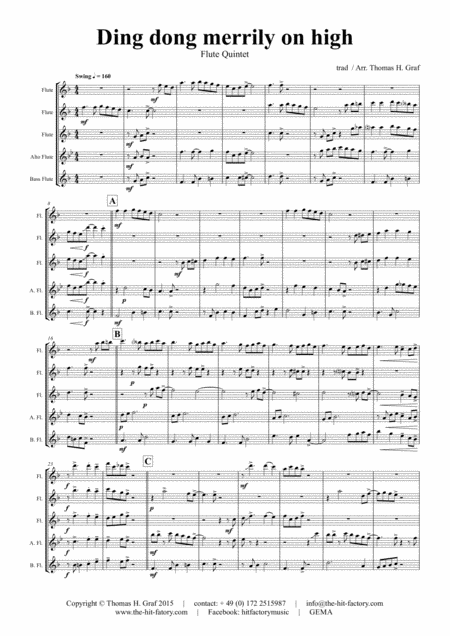 Ding Dong Merrily On High Swing Flute Quintet Sheet Music