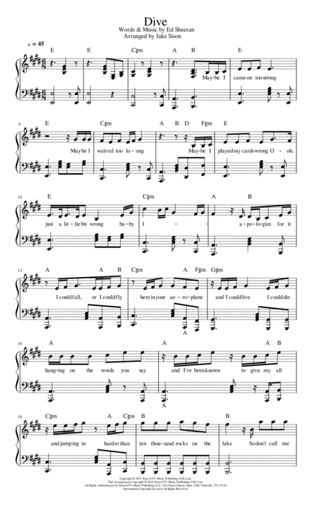 Dive Ed Sheeran Piano Transcription Sheet Music