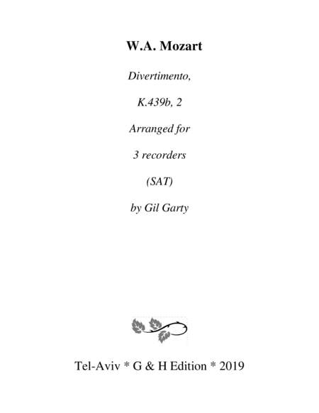 Divertimento K 439b 2 Arrangement For Recorders Sheet Music