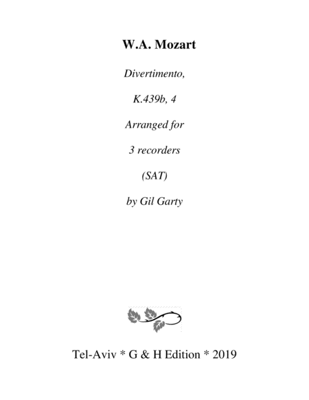 Divertimento K 439b 4 Arrangement For Recorders Sheet Music