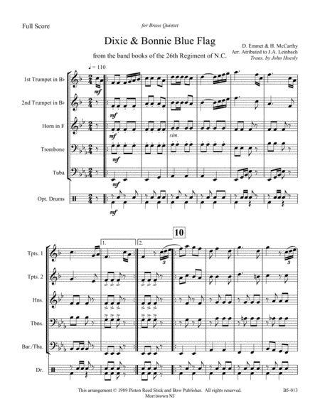 Dixie And Bonnie Blue Flag Brass Quintet Sheet Music