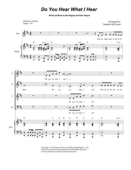 Do You Hear What I Hear For Vocal Quartet Satb Sheet Music