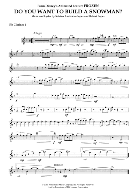 Do You Want To Build A Snowman From Frozen For Clarinet Quartet Sheet Music