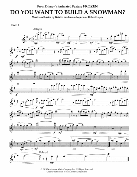 Do You Want To Build A Snowman From Frozen For Flute Quartet Sheet Music