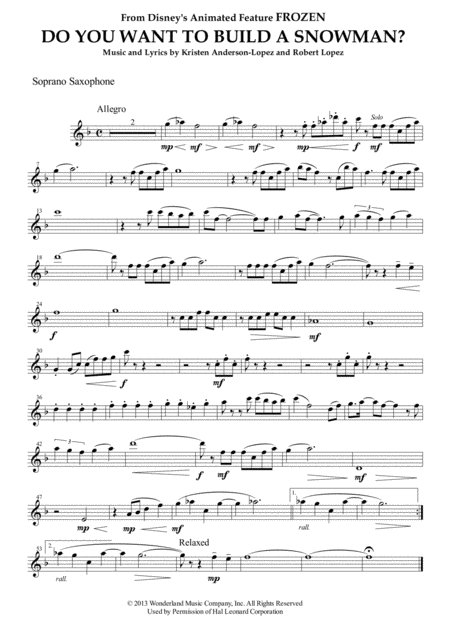 Do You Want To Build A Snowman From Frozen For Saxophone Quartet Sheet Music