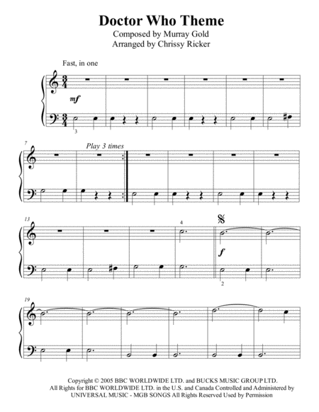 Free Sheet Music Doctor Who Theme Beginner Big Note Piano