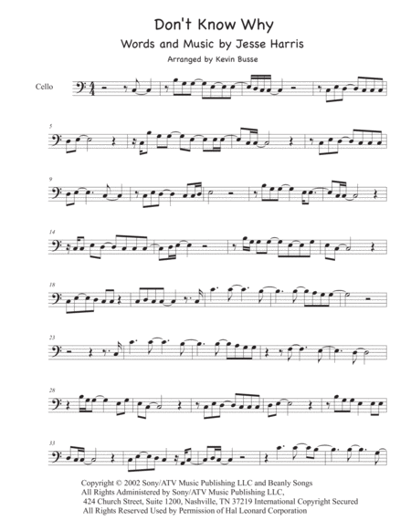 Dont Know Why Easy Key Of C Cello Sheet Music