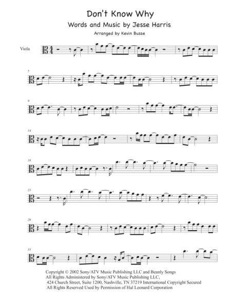 Dont Know Why Easy Key Of C Viola Sheet Music