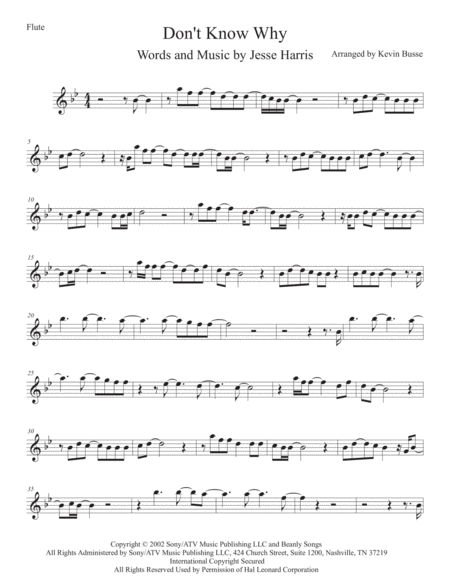 Dont Know Why Original Key Flute Sheet Music