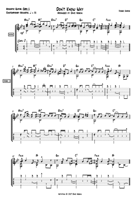 Dont Know Why Solo Fingerstyle Guitar Dave Niskin Sheet Music