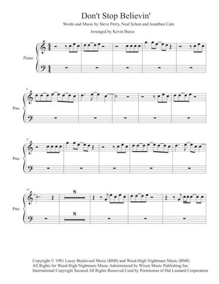 Dont Stop Believin Easy Key Of C Piano Sheet Music