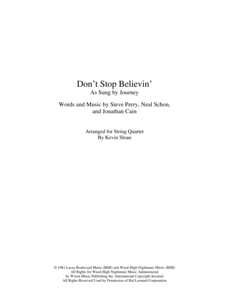 Dont Stop Believin For String Quartet Sheet Music