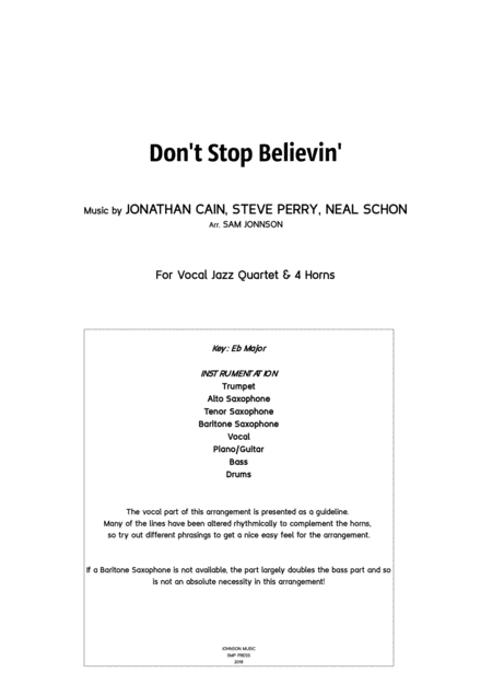 Dont Stop Believin Jazz Vocal Quartet 4 Horns Sheet Music