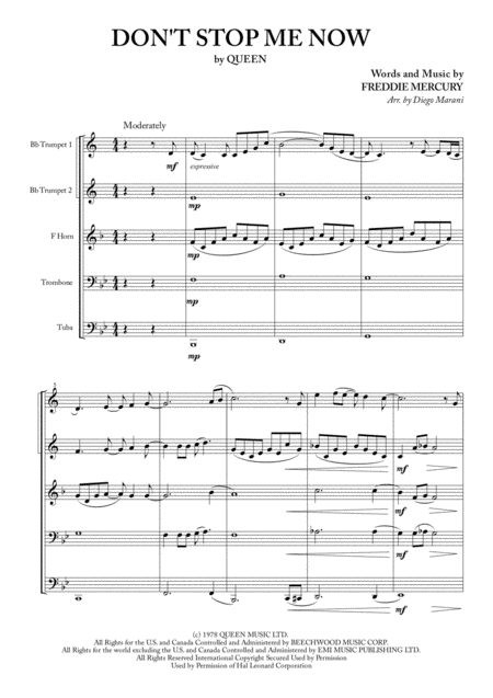 Dont Stop Me Now For Brass Quintet Sheet Music