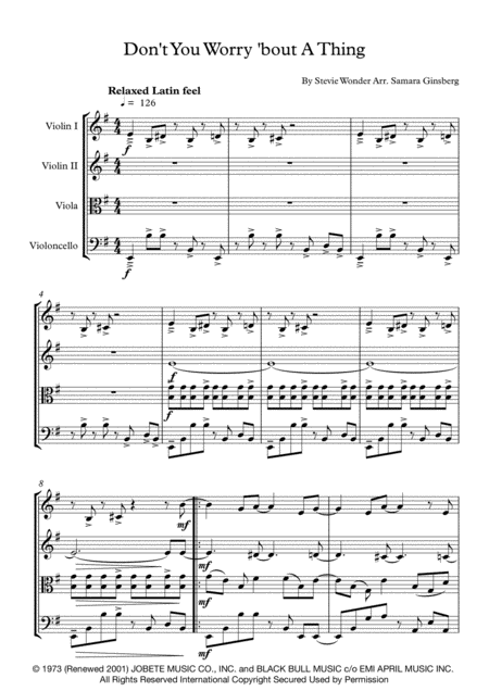 Dont You Worry Bout A Thing Stevie Wonder For String Quartet Sheet Music