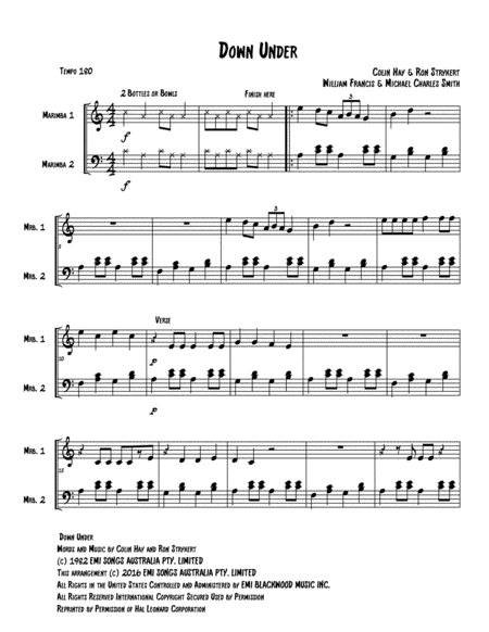 Free Sheet Music Down Under For Diatonic Or Chromatic Marimba Duet Key Of C