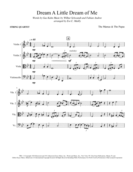 Dream A Little Dream Of Me The Mamas The Papas String Quartet Sheet Music