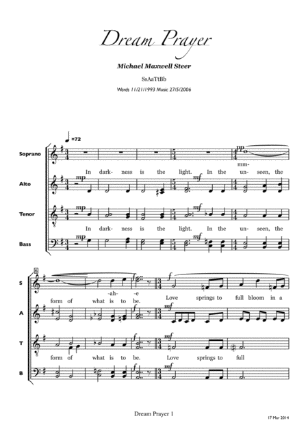 Free Sheet Music Dream Prayer 4 Anthem Or Song For Acappella Ssaattbb