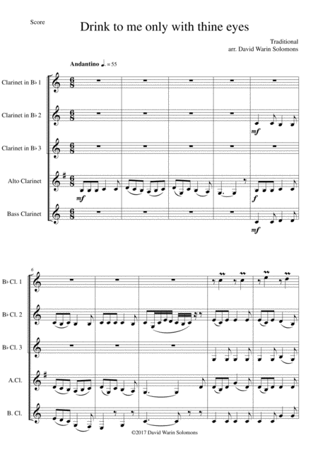 Free Sheet Music Drink To Me Only With Thine Eyes For Clarinet Quintet 3 B Flat Clarinets 1 Alto And 1 Bass