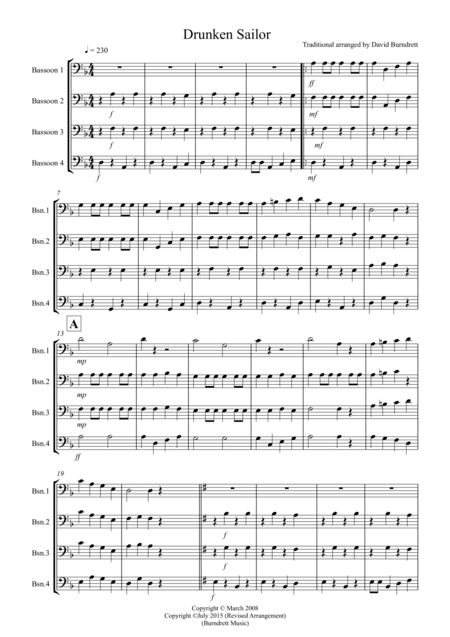 Drunken Sailor For Bassoon Quartet Sheet Music