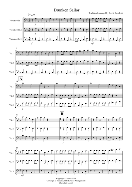 Free Sheet Music Drunken Sailor For Cello Trio