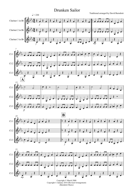 Drunken Sailor For Clarinet Trio Sheet Music