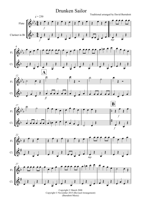 Drunken Sailor For Flute And Clarinet Duet Sheet Music