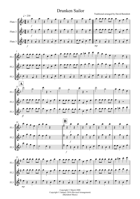 Drunken Sailor For Flute Trio Sheet Music