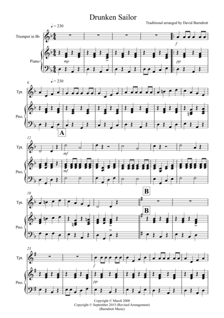 Free Sheet Music Drunken Sailor For Trumpet In Bb And Piano