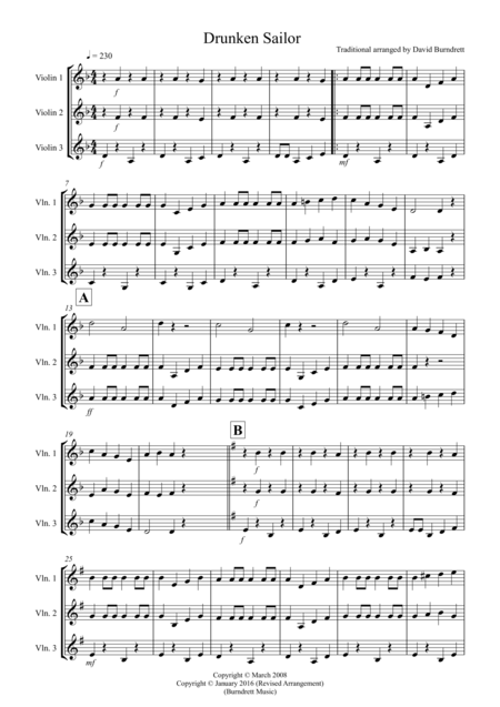 Drunken Sailor For Violin Trio Sheet Music