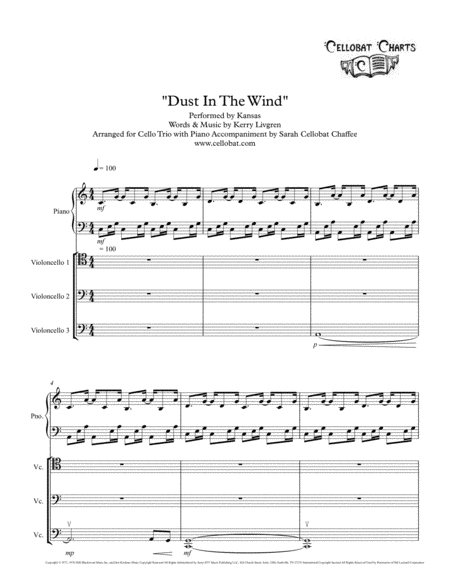 Dust In The Wind Cello Trio With Piano Kansas Arr Cellobat Recording Available Sheet Music