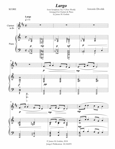 Free Sheet Music Dvo K Largo From The New World Symphony For Clarinet Piano