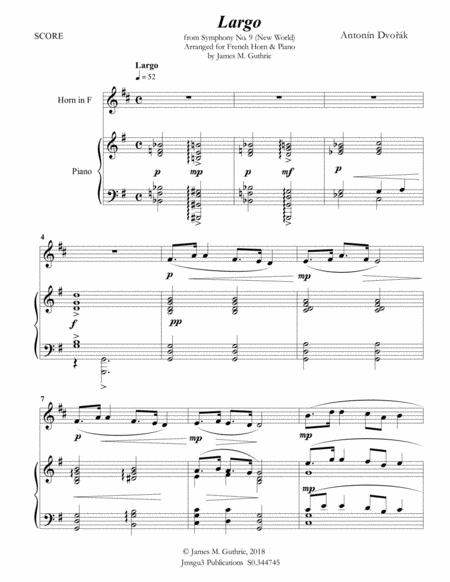 Dvo K Largo From The New World Symphony For French Horn Piano Sheet Music