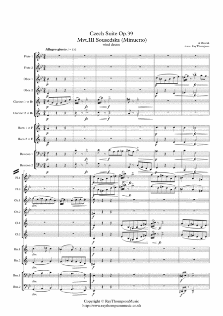 Dvorak Czech Suite Op 39 Mvt Iii Sousedska Minuetto Wind Dectet Sheet Music