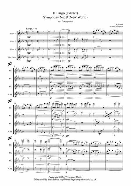 Dvorak Mvt Ii Largo Extract From Symphony No 9 New World Op 95 Flute Quartet Sheet Music