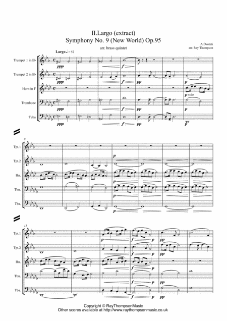 Dvorak Mvt Ii Largo Extract From Symphony No 9 New World Op 95 Horn Feature Brass Quintet Sheet Music