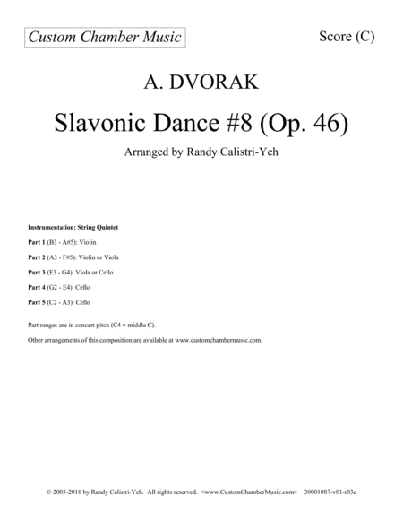 Free Sheet Music Dvorak Slavonic Dance 8 String Quintet