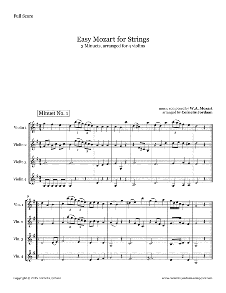 Easy Mozart For Strings 3 Minuets Arranged For 4 Violins Sheet Music