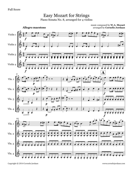 Free Sheet Music Easy Mozart For Strings Piano Sonata No 8 Arranged For 4 Violins