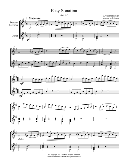 Free Sheet Music Easy Sonatina For Descant Recorder And Guitar