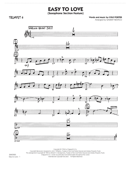 Easy To Love Arr Sammy Nestico Trumpet 4 Sheet Music