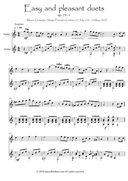 Easy Violin Guitar Duets Play Along By Giuliani Part I Sheet Music