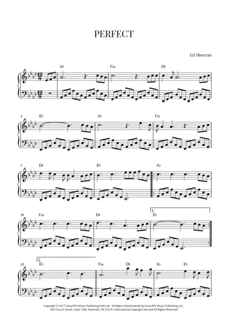 Ed Sheeran Perfect Early Intermediate Piano A Flat Major Sheet Music