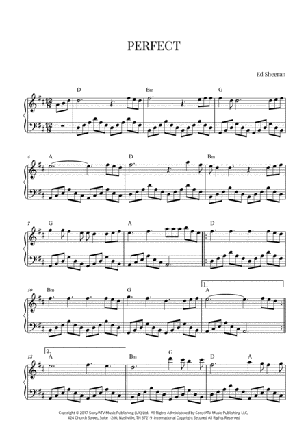 Ed Sheeran Perfect Early Intermediate Piano D Major Sheet Music