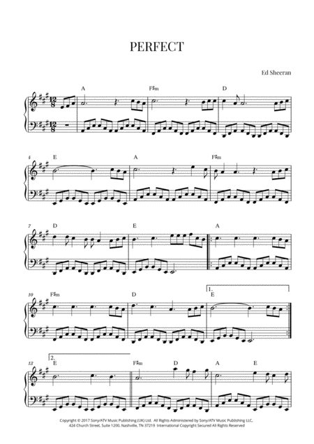 Free Sheet Music Ed Sheeran Perfect Easy Intermediate Piano A Major